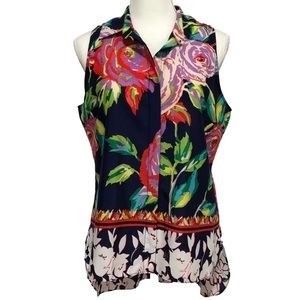 MILANO Top Blouse Size Medium Button Down Blue Red Green Floral Sleeveless